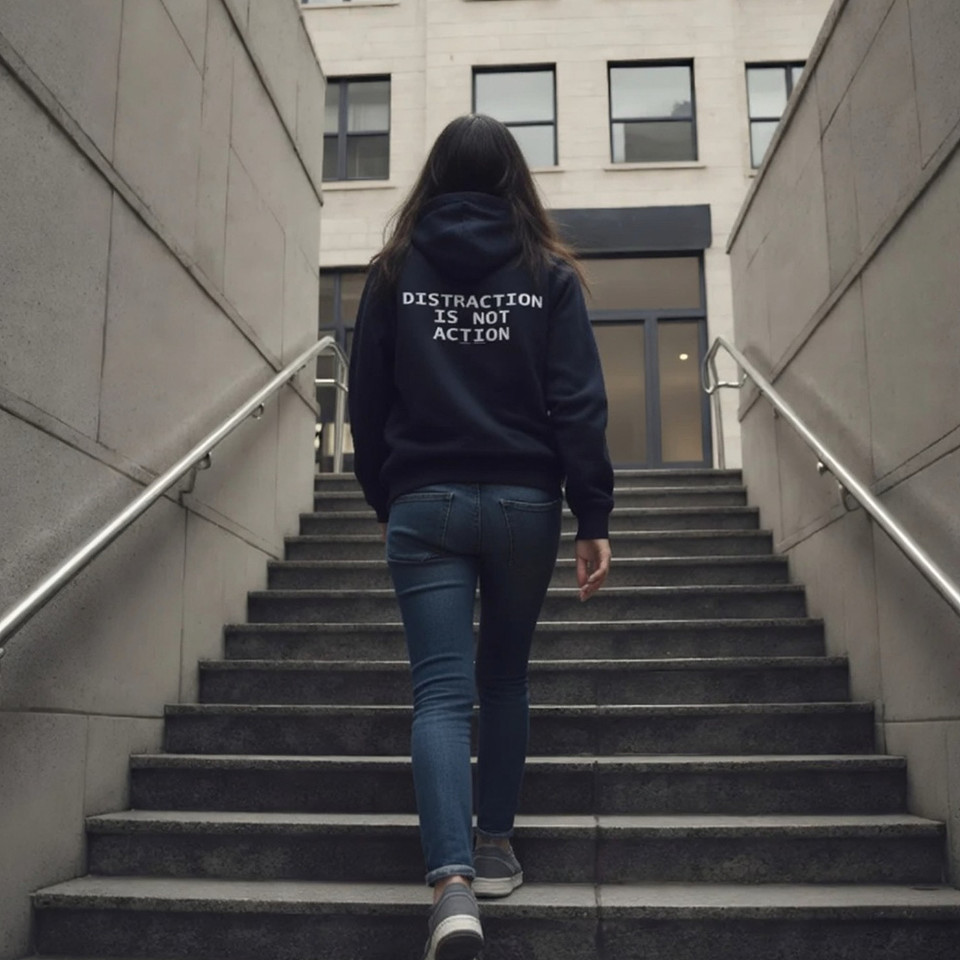 Distraction Is Not Action: Adult Pullover Hoodie (Navy Blue)
