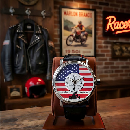 Freedom Racer '76: Black Vintage Leather Wrist Watch
