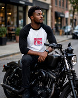 Freedom Is Free. Control Carriers Costs: Baseball Style ¾ Raglan Sleeve T-Shirts (White/Black)