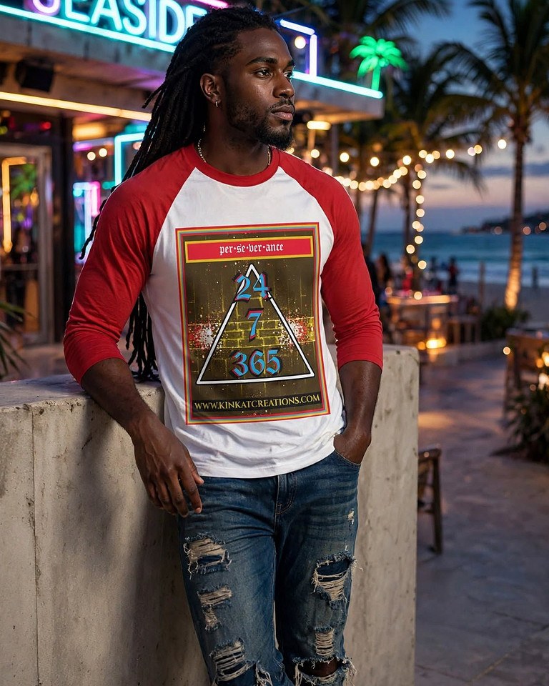 24X7X365 Perseverance: Baseball Style ¾ Raglan Sleeve T-Shirt (White/Red)
