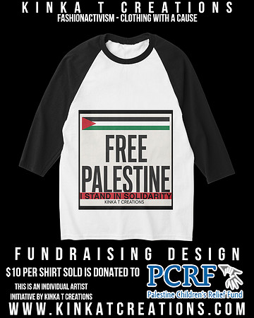 Basic 3/4 Sleeve Raglan T-Shirt (Black/White): Free Palestine - I Stand In Solidarity