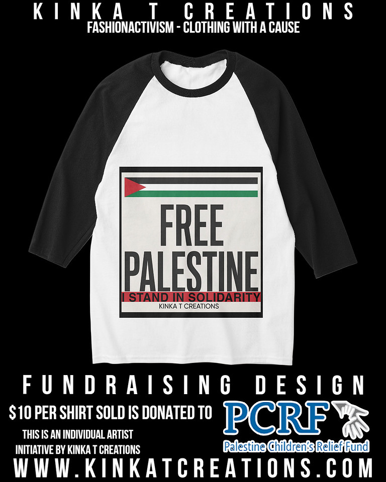 Basic 3/4 Sleeve Raglan T-Shirt (Black/White): Free Palestine - I Stand In Solidarity